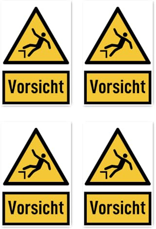 Aufkleber: 150x100 mm, 4 Stück - Signalwort Vorsicht vor Absturzgefahr - Warnzeichen mit Text (deutsch) (gelb/schwarz) - hochkant - W008 - DIN EN ISO 7010 / ASR A1.3