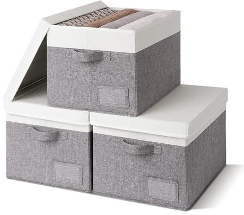 GRANNY SAYS Scatole Portaoggetti con Coperchio, Set di 3 Scatole Tessuto con Coperchio, Scatola Organizzatori per Vestiti, Contenitori in Tessuto, Grande Scatole Tessuto per Armadio, Bianco&Grigio