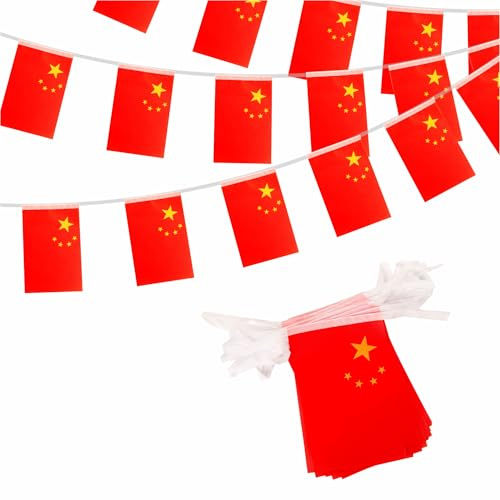China Wimpelkette 10m 30 Flaggen, Chinesische Fahnenkette Deko für Fußball WM 2026 Nationalfeiertag Olympia Bar Garten Straße Umzug Party Dekoration Girlande Banner Fanartikel Public Viewing