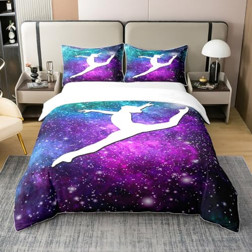 Loussiesd Gymnastik Bettbezug Set Glitter Bettwäsche Set 135x200cm 100% Baumwollecm für Kinder Mädchen Weltraum Galaxie Dekor Betten Set Bettdeckenbezug Blau und Lila Galaxie Schlafzimmer Bettwäsche