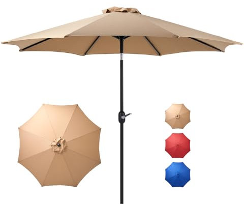 DUMOS Terrassenschirm mit Druckknopf, neigbar und Kurbel, Tischschirm, 8 stabile Rippen, wasserdicht, Poolschirm für Markt, Terrasse, Strand, Restaurant im Freien, 2,7 m, Hellbraun