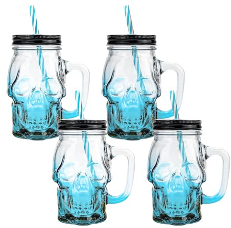 binsakao Lot de 4 gobelets d'Halloween en verre avec couvercles et pailles Motif tête de mort bleue 473,6 g
