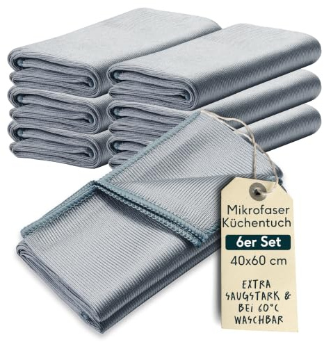 SILBERTHAL Geschirrhandtücher 6er Set Mikrofaser 40x60cm | Reinigungstuch für Edelstahl und Glas - Extra weich & Ultra saugstark - Silber
