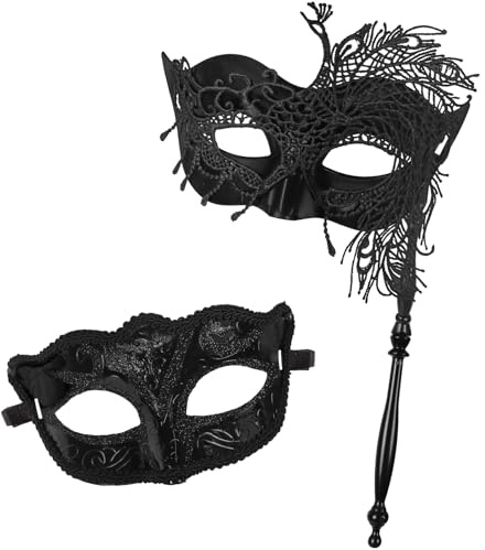 Auliuse 2 Stück Maskerade Maske mit Stab Damen Maskerade Ball Masken Schwarz Paar Masken Karneval Augenmaske für Abend Abschlussball Kostüm Halloween Party Verkleidung