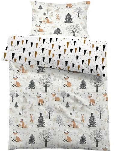 Parure de lit pour Enfant et BéBé Animaux de la forêt, Housse de Couette 100x135 cm Bebe Renard Renne et Taie d'oreiller 40x60 cm Réversible Ensemble de Literie Linge de Lit pour Tout-Petits
