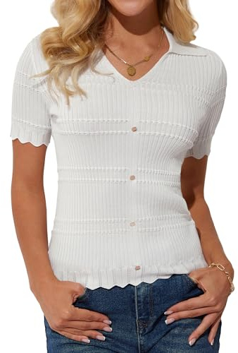 GRACE KARIN kortärmad polotröja för kvinnor V-ringad stickad jumper elegant pullover lätt tröja t-shirt, Elfenben, L