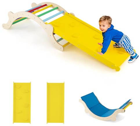 GOPLUS 4 en 1 Arche d’Escalade Montessori Enfant Bois avec Toboggan Ajustable en Bois, Bascule Enfant avec Coussin Charge 60KG pour Bébé 1 an+(Coloré Plus)