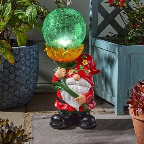 Solar Garden Gnome with Crackle Glass Globe, 41 cm, Gonk LED Colour Changing Light, Hand-Painted Polyresin