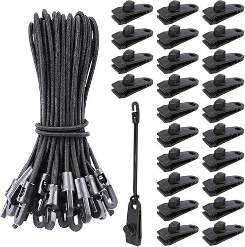 VirtuGro 25Pcs Tarp Clips 25Pcs Small Bungee Cords with Hooks 10 Inch Heavy Duty Tarpaulin Clips and Clamps Awning Tarp Clips Clamps Black Short Bungee Cords with Hooks for Tarpaulin, Camping, Garden