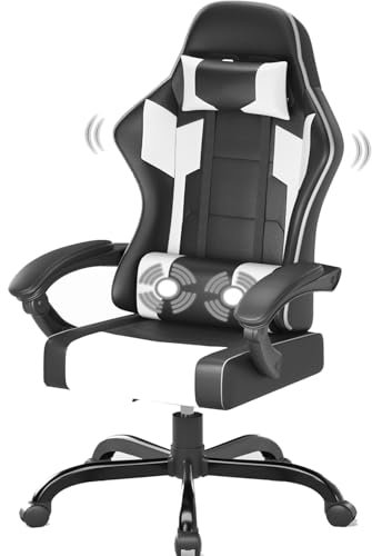 JUMMICO JETSTREAM Poltrona Gaming Ergonomica Con Poggiapiedi, Poggiatesta, Massaggio E Sollevamento Pneumatico, 150 Kg, Bianco