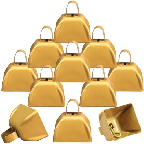 Therwen 12 Pack Metal Cow Bells Noise Makers with Handle 3 Inch Hand Percussion Cowbells Bulk Loud Call Bell for Sporting Events Cheering Football Games Team Spirit Weddings Party Noisemakers (Yellow)