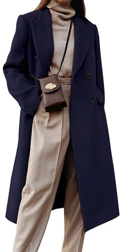 IDEALSANXUN Womens Long Wool Coats Fall Winter Double Breasted Trench Coat Peacoat, Navy, Large