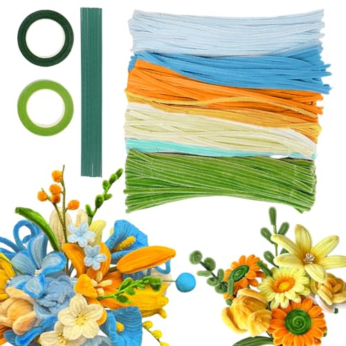 Shyllin Set de 200 Limpiapipas para Manualidades, Limpiapipas de Colores para Crear Flores, Chenille en 8 Colores, Incluye 15 Alambres para Flores, Ideal para Proyectos Creativos DIY