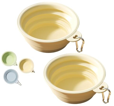 2 Stück Faltbarer Hundenapf 1000ml, Auslaufsicherer fressnapf Hund mit Karabiner,Robust und langlebig, Tragbarer Reisenapf für Haustiere, Hundetrinknapf faltbar,für Unterwegs, Wandern (Gelb+Gelb)