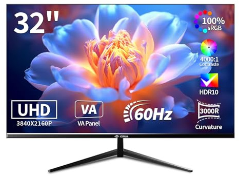 CRUA 32 Pouces incurvé Moniteur de Jeu 4K - Taux de rafraîchissement de 60 Hz, Temps de réponse de 1 ms, Prise en Charge HDR10, Compatible G-Sync, Dalle VA incurvée 3000R idéal pour Les GA