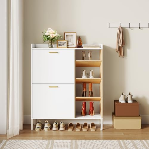 Ztexkee Schuhschrank mit 2 Klappen Schmal Schuhschrank mit 2 Flip-Schuhregal und 4 Ablagefächer platzsparender Schuhregal mit 4 Metallbeinen für Eingang Flur 80x24x90cm Weiß