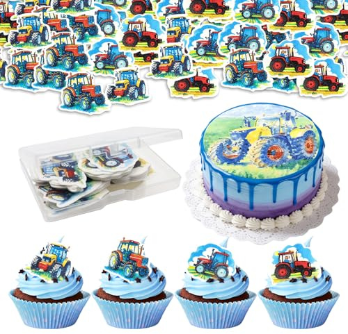 48 Stück Traktor Tortendeko Essbar + 20cm Tortenaufleger, Esspapier Kuchen Deko, Essbare Cupcake Topper, Waffelpapier Bauernhof Geburtstag Muffin Deko für Junge Party Tortendekoration