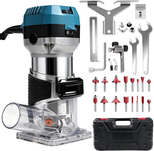 Fresatrice Verticale Legno, 1000w 30000 Rpm Rifilatore Fresatrice Pantografo Elettrica Per Legno Con 6 Velocità Regolabili, Legno Fresa Compatto Palm Trimmer Router Con 15 Pezzi 1/4 Fresatura