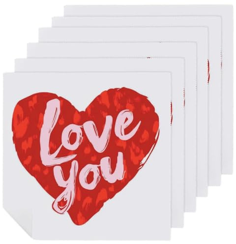 Set di 6 tovaglioli di stoffa quadrati con cuore rosso, per San Valentino, riutilizzabili, lavabili, in poliestere, per cene e feste