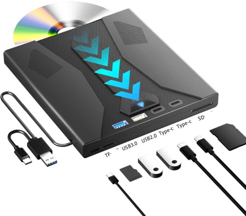 HOPILYIQS 7 in 1 CD DVD Drive External CD DVD Drive for Laptop Portable CD DVD +/-RW Drive CD Burner Reader Writer Recorder for Desktop PC Windows 11/10/8/7 Linux