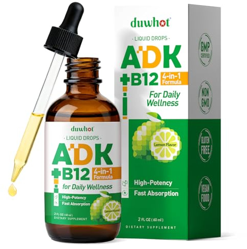 duwhot ADK + Vitamin B12 Liquid Drops, High Potency Vitamin A D3 K2 5000 IU / 10000 IU, B12 1000 mcg Supplement for Adults, Bone, Calcium Absorption, Heart, Immune Support, 2 Fl Oz