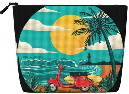 Sunset Beach Palm Tree Makeup Bag Large Capacity Fake Hemp, Portable Zippered Case Water Resistant Toiletry Pouch