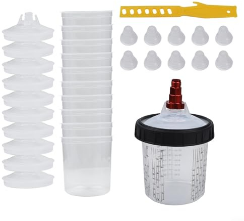 Upluxmira Einweg-Farbmischbecher-Set, 600 ml ABS-Mess- und Sprühbecher-Set mit Deckeln, Innenbechern, Stoppern, Walze und Verbindungsstücken für Autolack, Harz, Lack