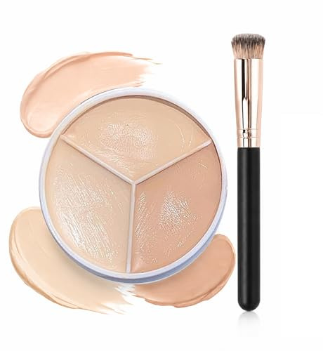 3 Farben Concealer Palette mit Pinsel–Full Cover Concealer Creme für Augenringe,Pickel & Rötungen–Wasserfest,Langanhaltend, Contour&Highlight Make Up mit Natürlichem Finish,Cremige Textur Make Up Set