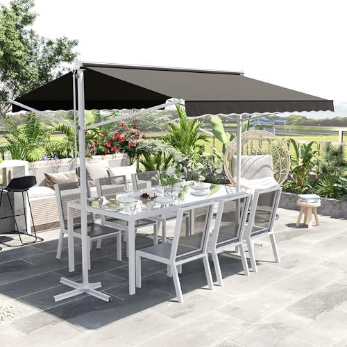 Standmarkise 3x3 m mit Faltarm & Handkurbel – Wetterfeste Terrassenmarkise aus pulverbeschichtetem Metall, Verstellbarer Neigungswinkel, graues Kunstleder-Polyester-Dach, inkl. 90x90 cm Fußsockel