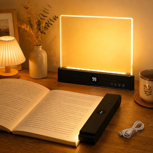 Luz de libro plana inteligente, lámpara de lectura LED recargable con 3 colores, brillo regulable y temporizador, panel transparente de página completa para estudiantes, mesita de noche, viajes