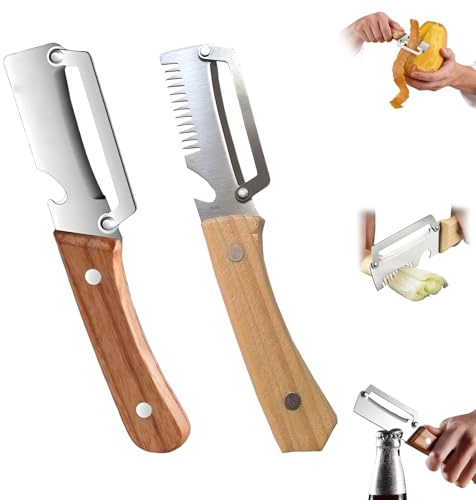 Multifunctional Vegetable Peeler for Kitchen, Zero Snag Wooden Peeler for Easy Using, Fruit/Vegetable Peelers with Julienne Slicer, Fish Scaler & Bottle Opener, Ergonomic Kitchen Prep Tool, 2Pc (C)