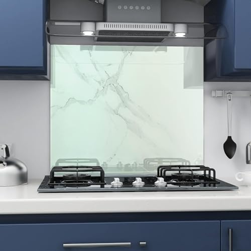 BELOFAY 60x80cm White Marble Tempered Glass Splashback for Kitchen | 6mm Toughened Glass Heat Resistant Hob Splashbacks for Cookers