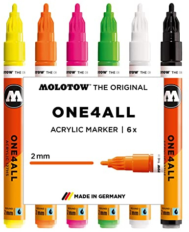 Molotow One4All 127HS Acryl Marker Neon-Set (2,0 mm Strichstärke, hochdeckend und permanent, UV-beständig, für fast alle Untergründe) 6 Stück sortiert