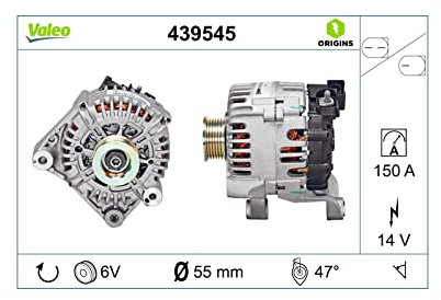 VALEO-439545-Alternateur-Courant de charge de l'alternateur [Amp] : 150 - Nombre de stries : 6 - Diamètre de la poulie [mm] : 55 - Voltage [V] : 14 - Sens de rotation : SENS HORLOGE