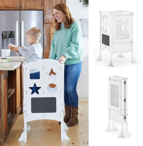 Guidecraft Classic Kitchen Helper® Stool - White with Keepers and Non-Slip Mat: Foldable, Adjustable Height Safety Cooking Tower for Toddlers with Chalkboard | Kids Learning Platform