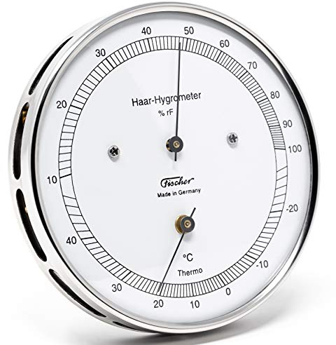 Fischer 111.01T, Haar-Hygrometer & Thermometer, Glas, Edelstahl silber | Außen-Luftfeuchtigkeitsmesser, Messbereich 0-100 % r. F. und -25-45 °C, 103mm Durchmesser, Made in Germany