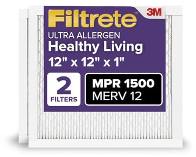 Filtrete 12x12x1 AC Furnace Air Filter, MERV 12, MPR 1500, CERTIFIED asthma & allergy friendly, 3 Month Pleated 1-Inch Electrostatic Air Cleaning Filter, 2-Pack (Actual Size 11.81x11.81x0.78 in)