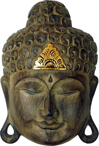 GURU SHOP Snidad Buddhamask med gulddekoration, väggdekoration, etnisk väggdekoration av balsaträ, storlek: 65 cm, Buddhas