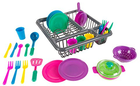 Hey! Play! Kids Play Dish Set, 27 Piece Tableware Dish Set with Drainer – for Kitchen Playset and Pretend Food, Toys for Boys and Girls
