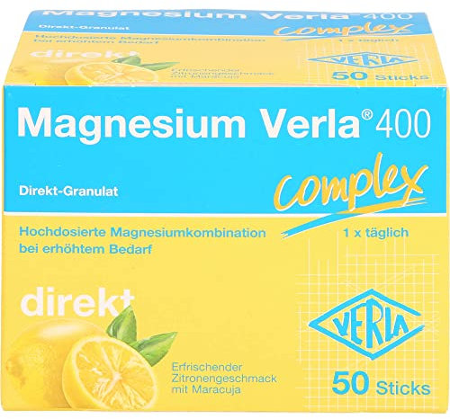 Magnesium Verla 400 direkt Zitrone – Hochdosiertes Magnesiumcitrat & Magnesiumoxid als praktische Direkt-Sticks, bei erhöhtem Magnesiumbedarf, 400 mg pro Stick, Einnahme nur 1x täglich, 50 St