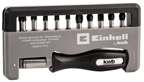 Original Einhell 12-tlg. Handy Bit-Box Impact (Schrauberbit-Set, 10x Bit 25 mm magnetisch, aus TQ60-Stahl, 1x Schnellwechselbithalter, 1x Schraubendreher-Griff)