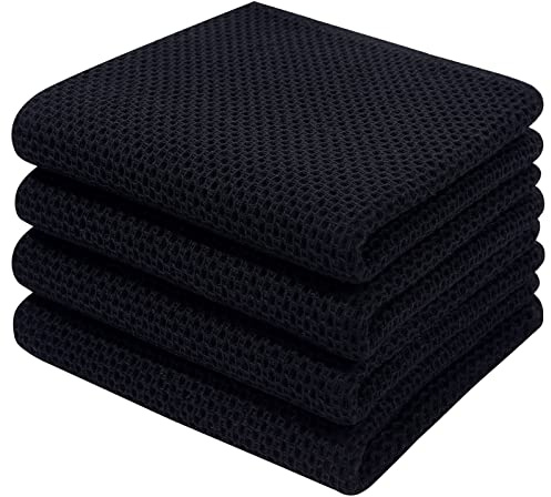 Homaxy Geschirrtücher aus 100% Baumwolle, Waffelgewebe, ultraweiches, saugfähiges, schnell trocknendes Reinigungstuch, 33 x 71 cm, 4er-Pack, Schwarz