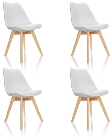 hjh OFFICE 4er Set Esszimmerstühle Scandi Massivholz Beine Buche, Stuhl Küchenstuhl gepolstert im Retro-Design, Kunststoff Weiß 661009