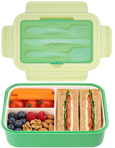 BIBURY Fiambrera, caja bento a prueba de fugas para niños adultos, recipiente para alimentos con 3 compartimentos y juego de cubiertos, lonchera comidas aptos para microondas y lavavajillas (Verde B)