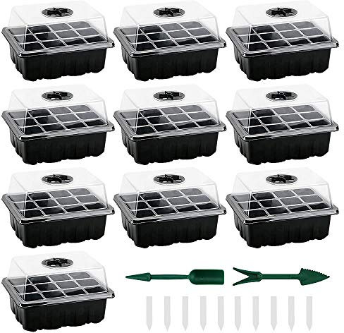 Seed Trays 10-Pack, Sturdy Seed Starter Tray Kit with Humidity Adjustable Dome Lid & Base, Mini Propagator Greenhouse Plant Growing Trays for Seeds Germination -12 Cells Per Tray