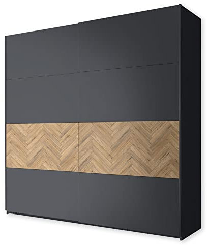 Stella Trading Eleganter Kleiderschrank mit viel Stauraum - Vielseitiger Schiebetürenschrank in Graphit, Bartex Eiche Optik - 215 x 210 x 60 cm (B/H/T)