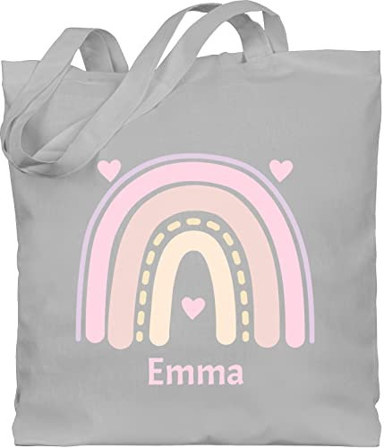 Baumwolltasche - Boho - Regenbogen - Herzchen Name - Unisize - Hellgrau - stofftaschen für kindergarten kinder stoffbeutel bohemian chic stil beutel stofftasche klein jutebeutel kita individuell