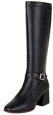 Lroey Reoly Bottes Mi-Mollet à Talon Bloc Femme, Bottes Habillées Talons Moyen Bout Carré Boots Rétro Zip 096 Noir-Rl Taille 42 EU