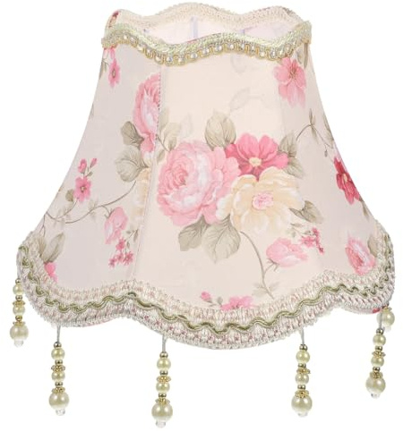 Vaguelly Vintage European Lamp Shades Victorian Fancy Lampshades Royal Bell Shape Lampshade with Bead Lace and Fringe for Table Lamp Replacement,9.82X7.86X5.11inch,E27