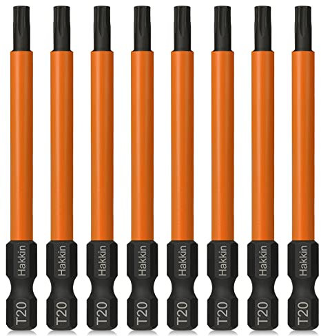 Hakkin Lot de 8 embouts de tournevis Torx T20, 75 mm de long 1/4, en acier S2, pour vis à profil en T, marteau perforateur, visseuse sans fil